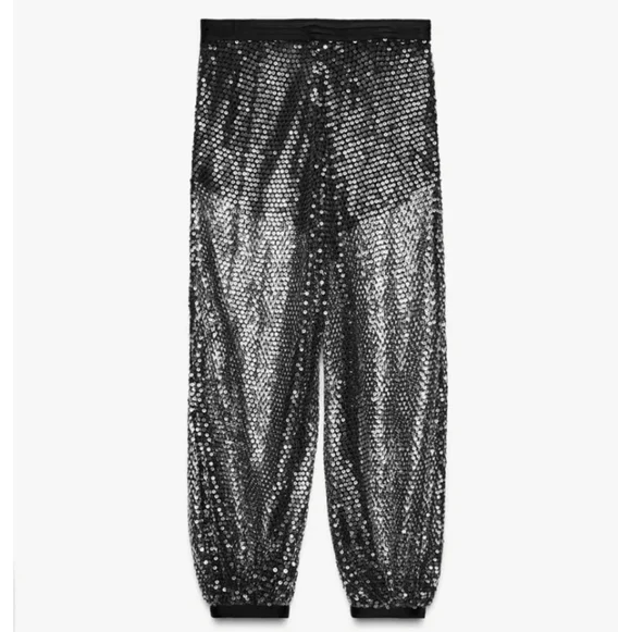Zara Black and Silver Sequin Wide-Leg Pants - Picture 7 of 9